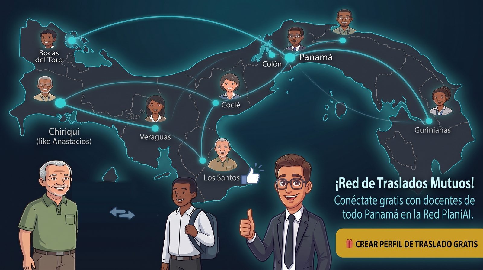 Mapa ilustrado de Panamá con docentes conectando las provincias — ¡Nueva función de septiembre! Conecta y trasládate gratis por Mutuo Acuerdo en la Red PlaniAI